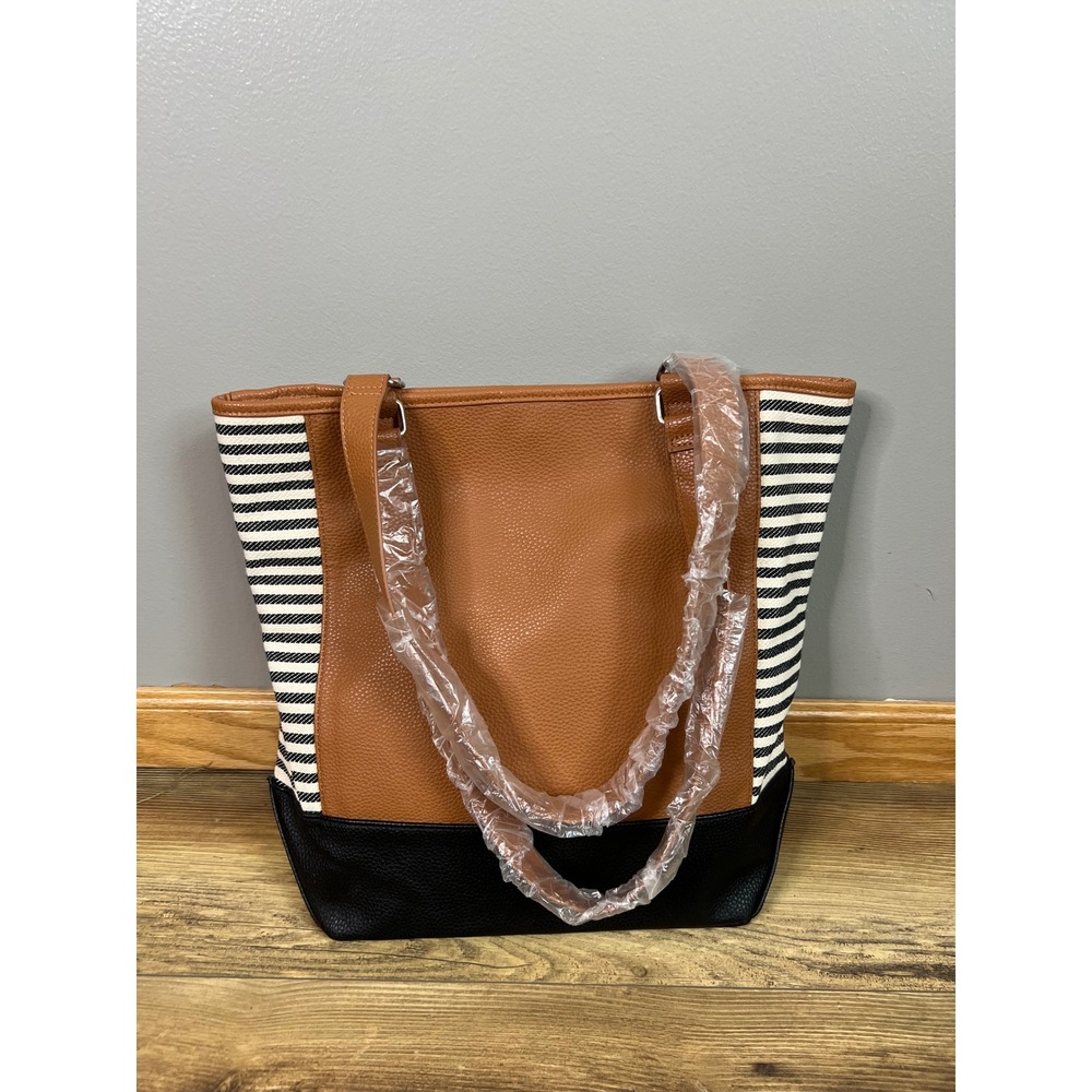 Jewell by Thirty-One Tote Bag Brown Black Striped Faux Leather Shoulder Bag